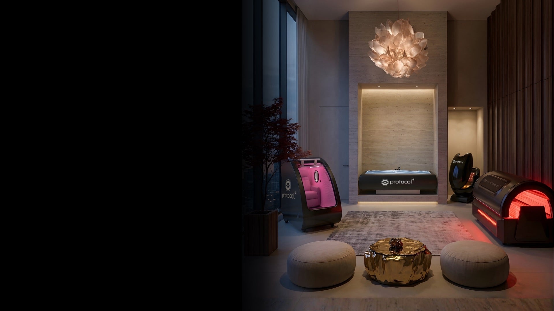 Protocol⁴ wellness technologies arranged in a private longevity space