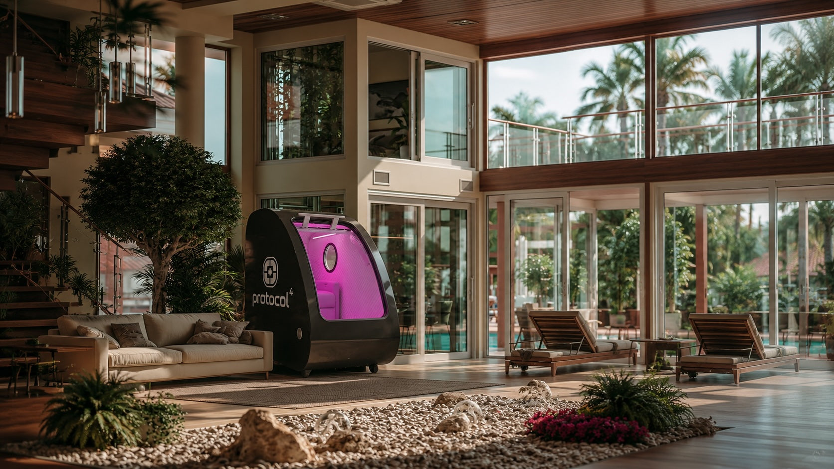 Protocol⁴ hyperbaric chamber in a sunlit tropical wellness lounge